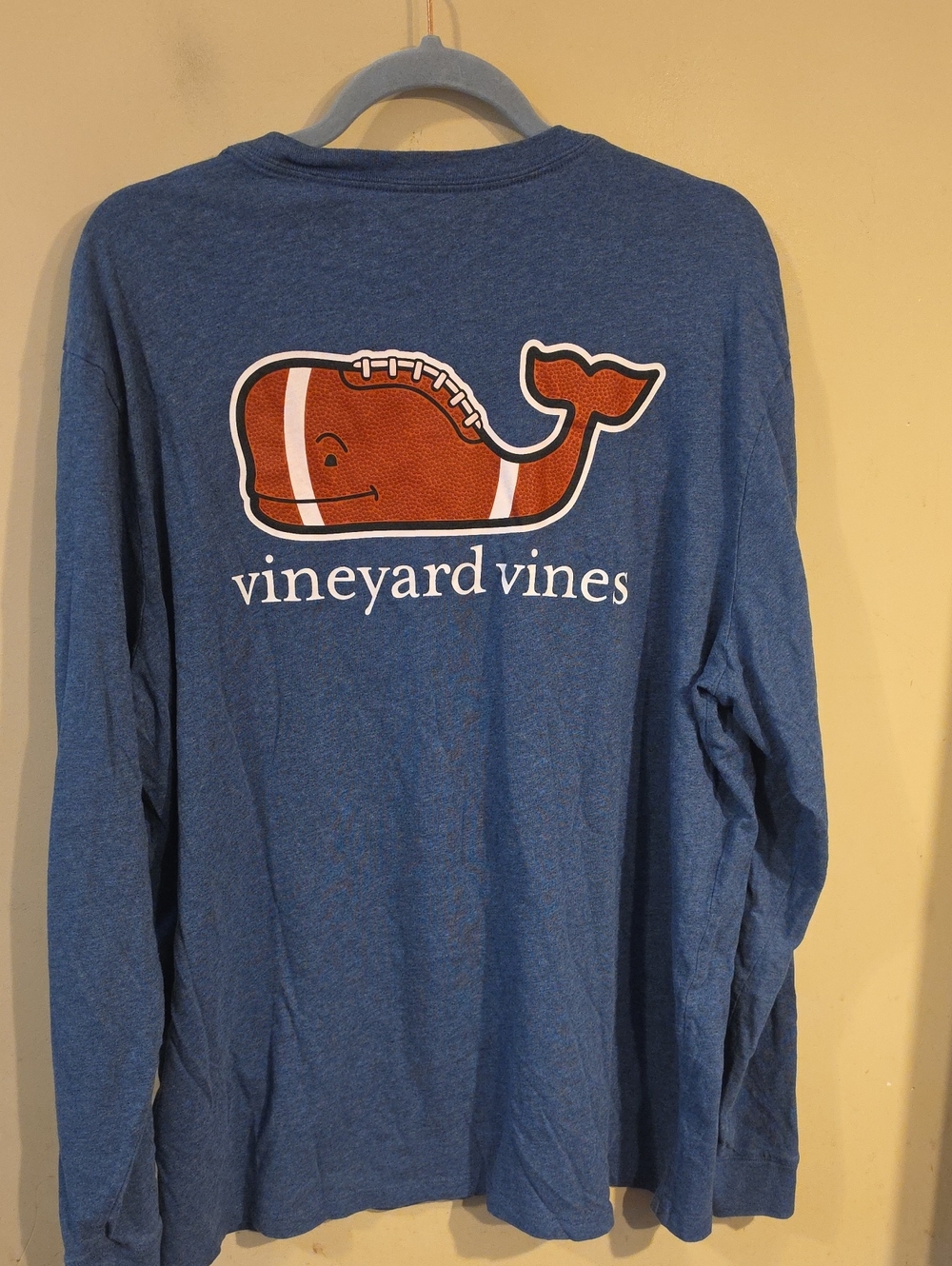 Vineyard Vines Heather Blue Long Sleeve Tee with Orange Football Whale